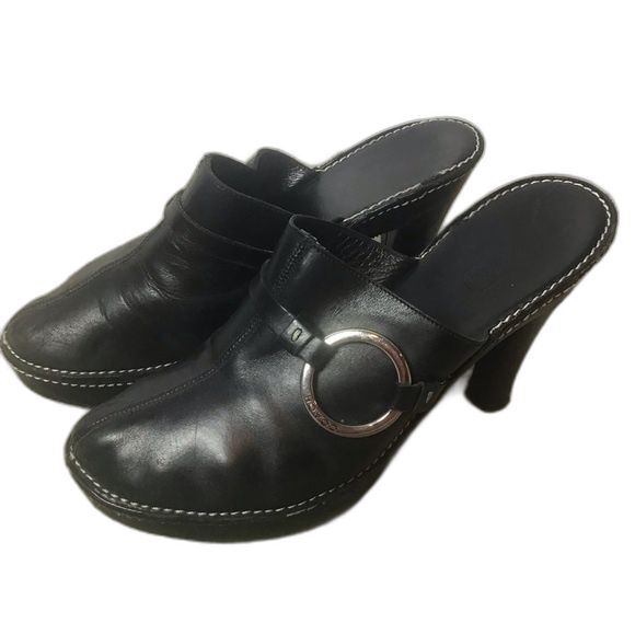 Coach Kaley Black Leather Silver Ring Platform Mule Clog Made in Italy Size 7B - Picture 2 of 6